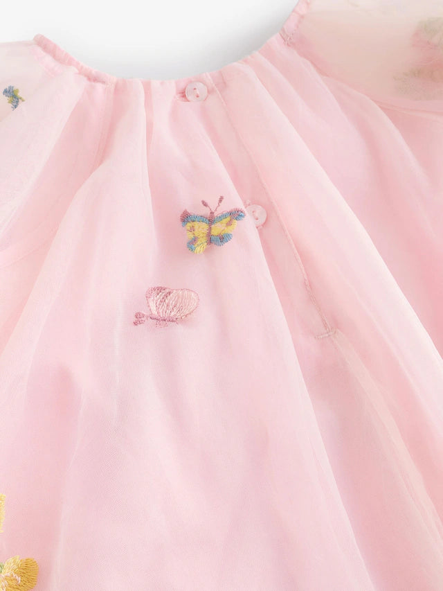 |Girl| Vestido De Malha Bordado Com Manga De Anjo Rosa (3 meses a 8 anos)