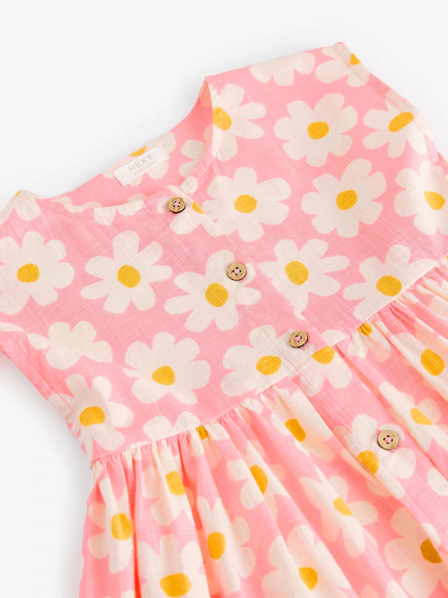 |BabyGirl| Vestido Com Botões e Flores Rosa (3 meses a 10 anos)