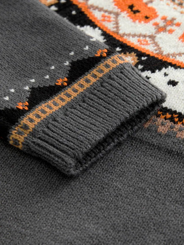 |Boy| Suéter De Gola Redonda De Tricô Fairisle Halloween Cinza Carvão (3 meses a 7 anos)