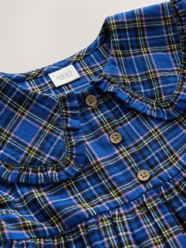 |Girl| Vestido Xadrez Azul Cobalto Com Gola Longa e Manga Comprida (3 meses a 8 anos)