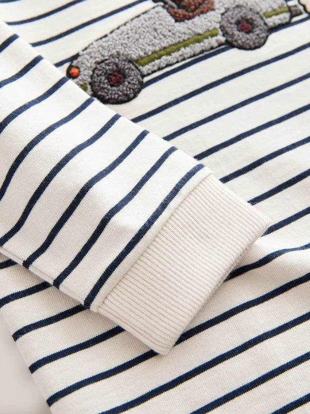 |Boy| Camiseta De Manga Comprida Com Apliques De Urso Listrado Branco/Azul (3 meses a 7 anos)