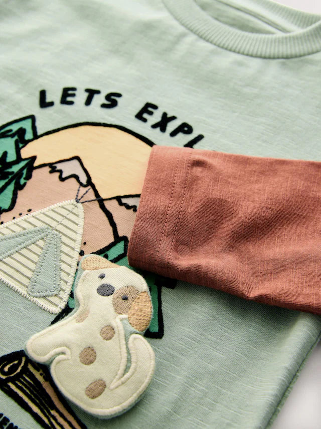 |Boy| Camiseta De Manga Comprida Com Apliques Green Camping Animals (3 meses a 7 anos)