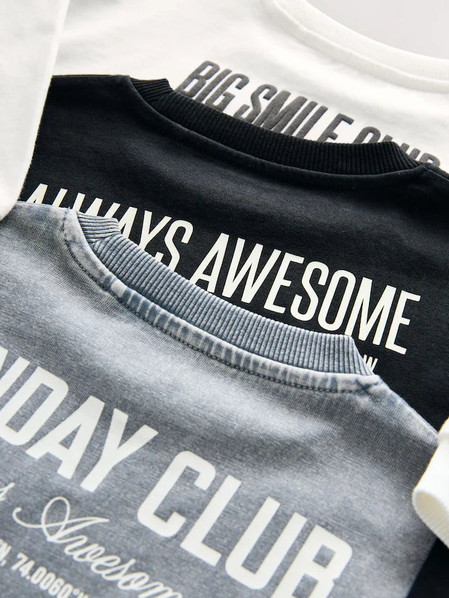 |Boy| Camisetas Com Estampa Gráfica De Manga Comprida Slogan Pretas/Cinzas/Brancas, Pacote com 3 (3 meses a 7 anos)