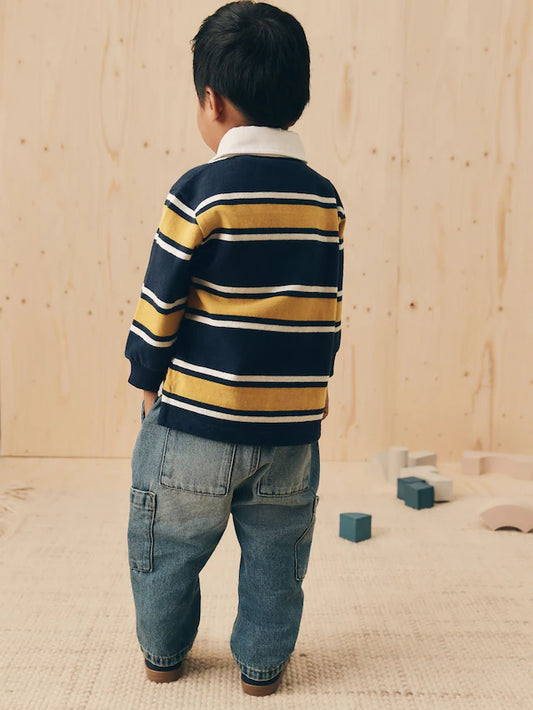 |Boy| Camisa Polo De Rugby Listrada Azul-Marinho/Amarelo Manga Comprida (3 meses a 7 anos)