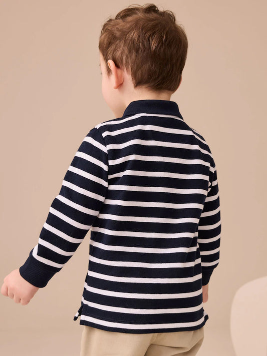 |Boy| Camisa Polo De Manga Comprida Listrada Azul Marinho/Branca (3 meses a 7 anos)