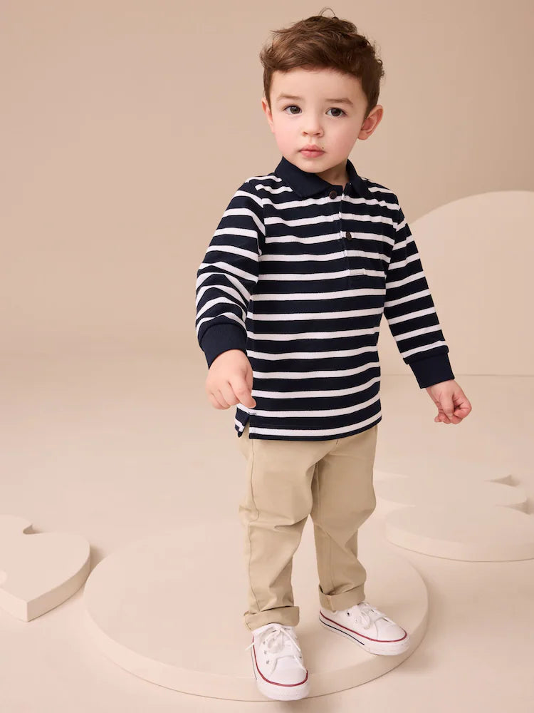 |Boy| Camisa Polo De Manga Comprida Listrada Azul Marinho/Branca (3 meses a 7 anos)