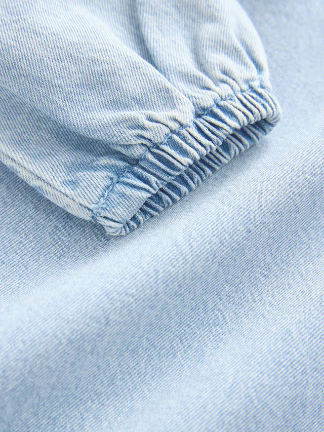 |Girl| Vestido Jeans Azul Claro Com Gola Bordada (3 meses a 8 anos)