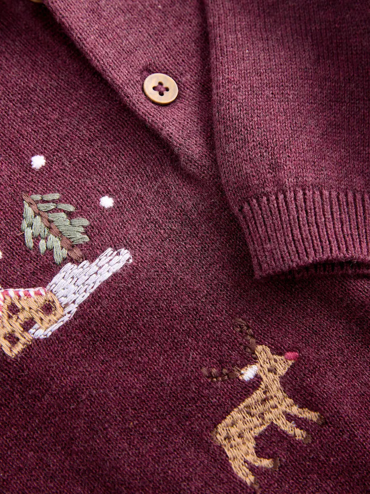 |Boy| Camisa Polo De Malha Bordada Em Roxo Ameixa Para o Natal (3 meses a 7 anos)