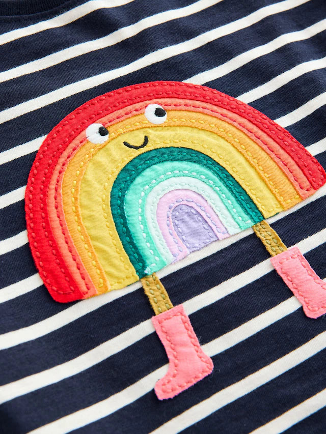 |Girl| Camiseta De Manga Curta Listrada Azul Marinho Com Arco-Iris (3 meses a 7 anos)