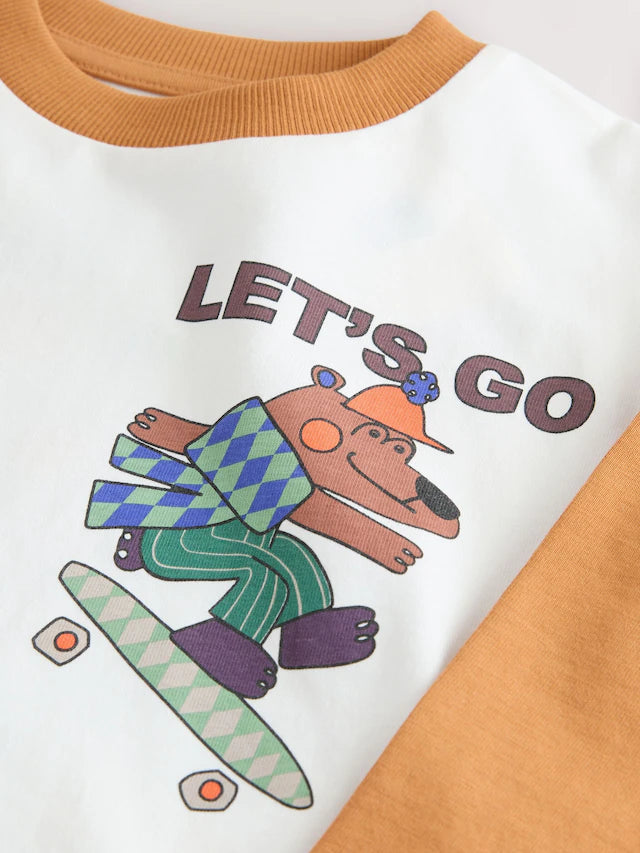 |Boy| Camiseta Branca Com Estampa De Manga Comprida e Costas Do Skate Bear (3 meses a 7 anos)