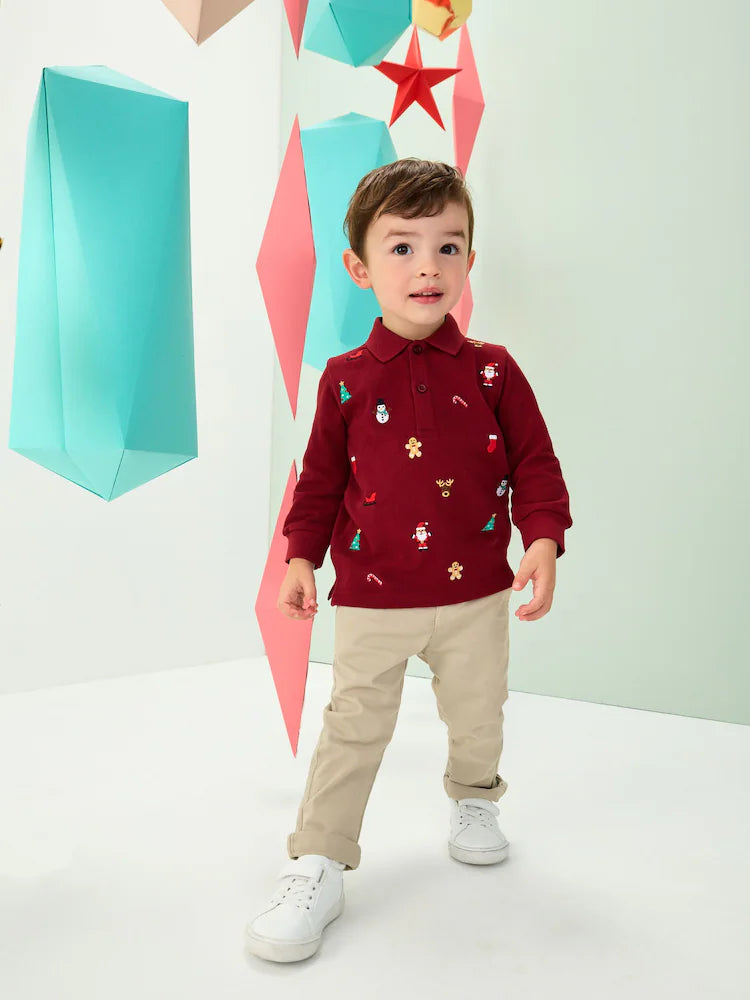 |Boy| Camisa Polo De Manga Comprida Bordada Em Vermelho-Baga Com Estampa De Natal (3 meses a 7 anos)