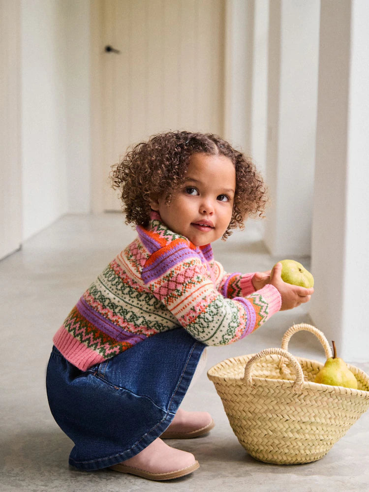 |Girl| Cardigan Rosa Com Estampa Fairisle (3 meses a 7 anos)