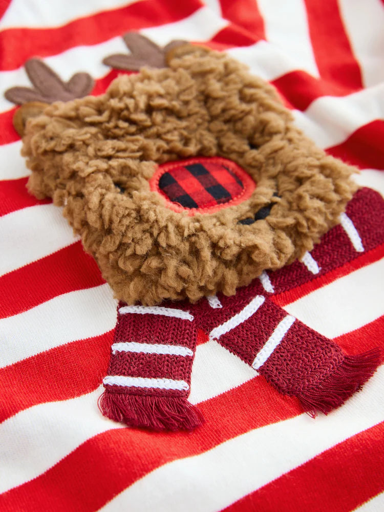 |Boy| Camiseta De Natal De Manga Comprida Com Bolso De Rena Branca/Vermelha (3 meses a 7 anos)