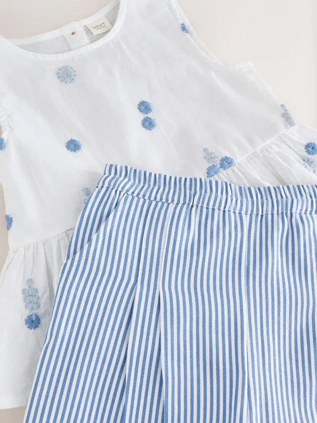 |Girl| Conjunto Coordenado De Blusa e Calça Bordadas Azul/Brancas (3 meses a 8 anos)