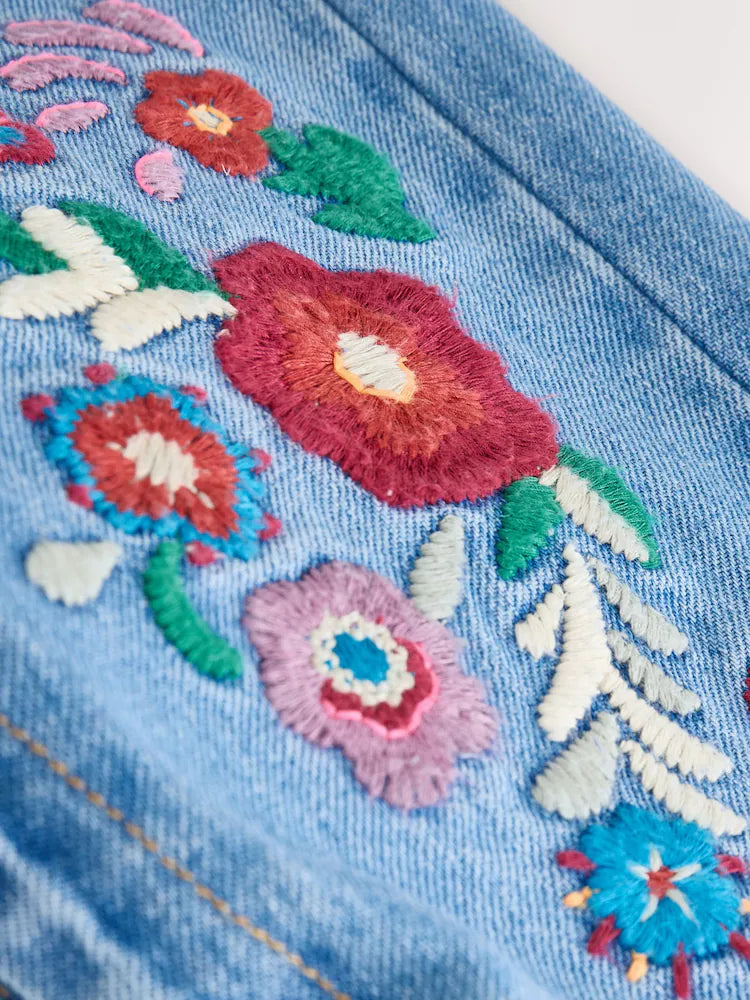 |Girl| Macacão Bordado Floral Azul Médio (3 meses a 7 anos)