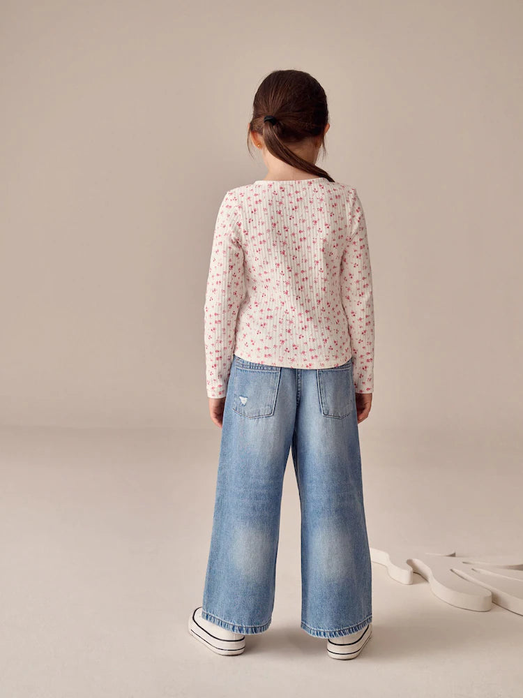 |BigGirl| Cardigan Canelado De Manga Comprida Com Estampa Floral Cru (3-16 anos)