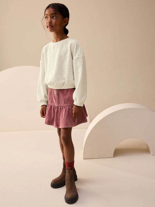 |BigGirl| Blusa De Manga Comprida Com Laço Texturizado Branco Cru (3-16 anos)