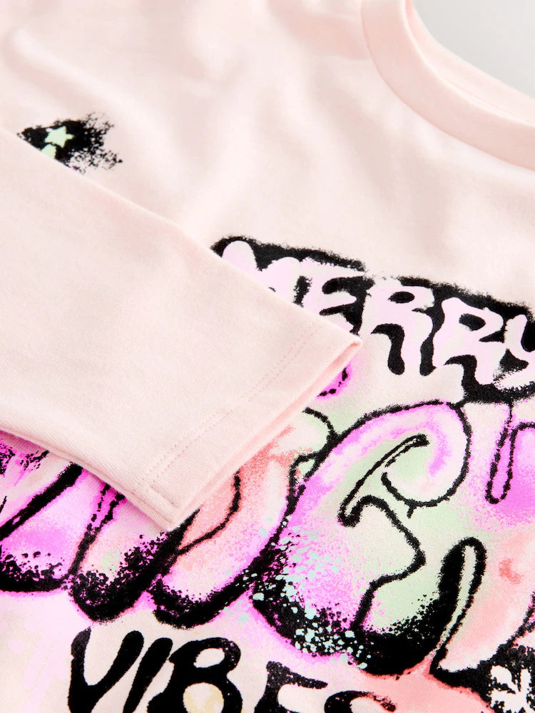 |BigGirl| Blusa De Manga Comprida Com Estampa De Grafite Rosa De Natal (3-16 anos)