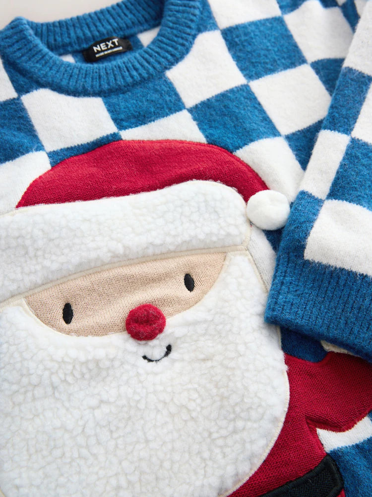 |Boy| Suéter De Natal Em Tricô Azul Cobalto Com Papai Noel (3 meses a 7 anos)