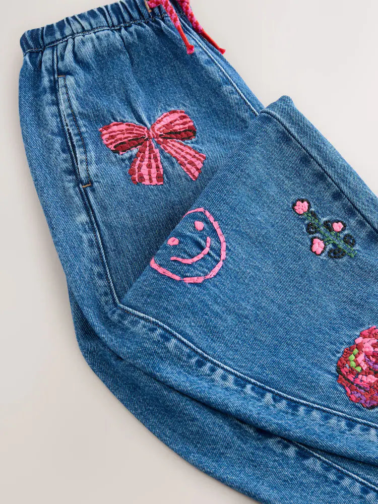 |BigGirl| Calça Jeans Azul-Escuro Bordada Com Barra Reta (3-16 anos)