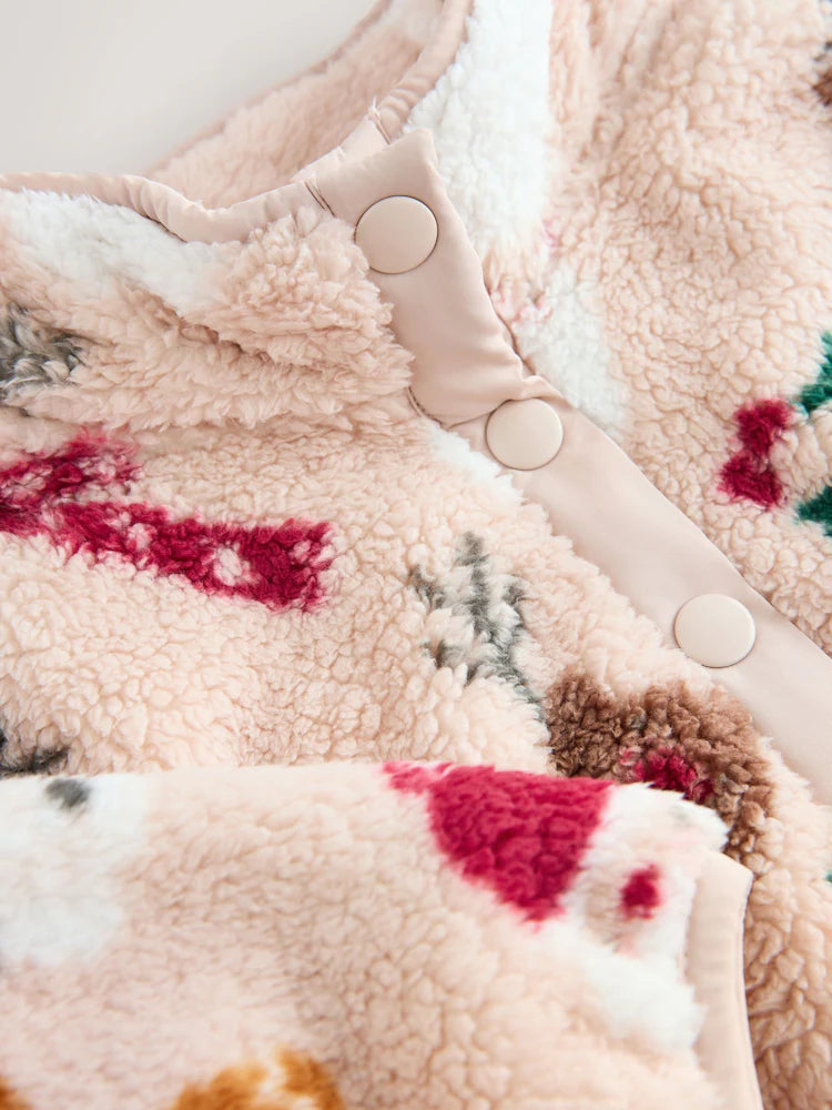 |Girl| Fleece De Natal Bege Meio Popper (3 meses a 7 anos)