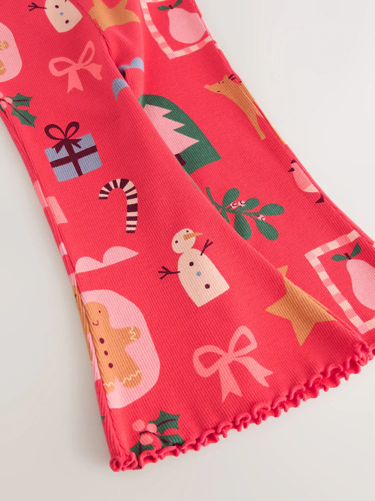 |Girl| Leggings Flare Vermelhas Com Canelado Papai Noel (3 meses a 7 anos)