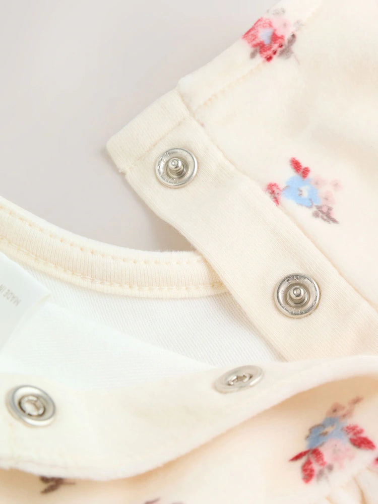 |BabyGirl| Conjunto De Vestido De Veludo Creme Com Estampa Floral Miúda Para Bebê, Manga comprida e meia-calça (2 peças, 0 meses a 2 anos)