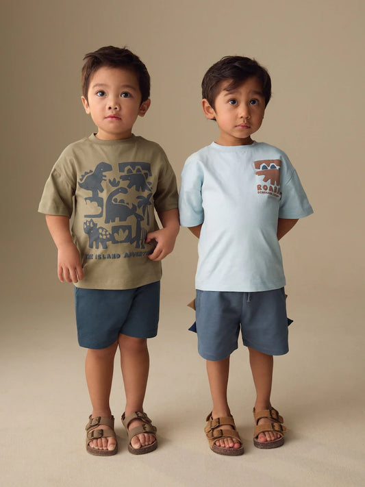 |Boy| Conjunto De Camiseta De Manga Curta e Shorts Com Estampa De Dinossauro Azul/Marrom (3 meses a 7 anos)