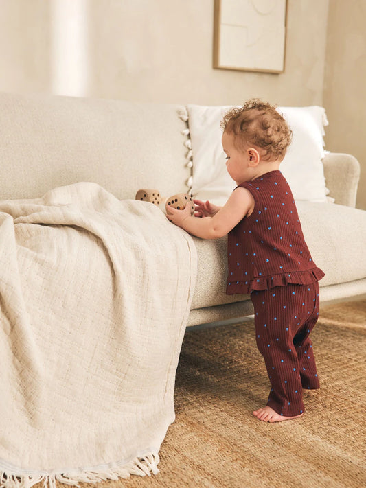 |BabyGirl| Conjunto De 2 Peças Para Bebê: Blusa Canelada Marrom Chocolate Com Bolinhas Azuis e Calça Pantalona