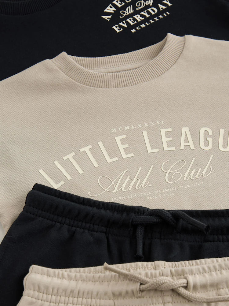|Boy| Conjunto De Camiseta De Manga Curta e Shorts Com Estampa De Slogan Nas Costas Em preto e creme (2 peças)