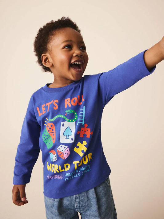 |Boy| Camiseta de Manga Longa com Estampa "Let's Roll Games" – Azul-Cobalto (3 meses a 7 anos)