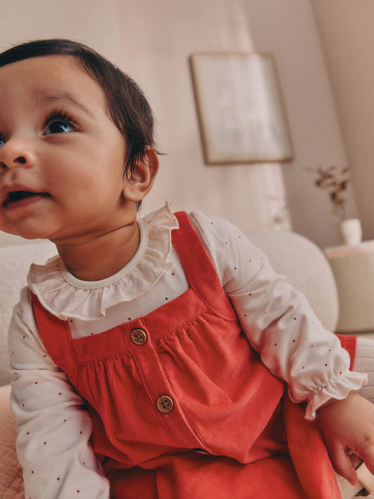 |BabyGirl| Conjunto De 3 Peças Para Bebê: Body De Manga Longa, Vestido Jardineira De Veludo cotelê vermelho e meia-calça (0 meses a 2 anos)