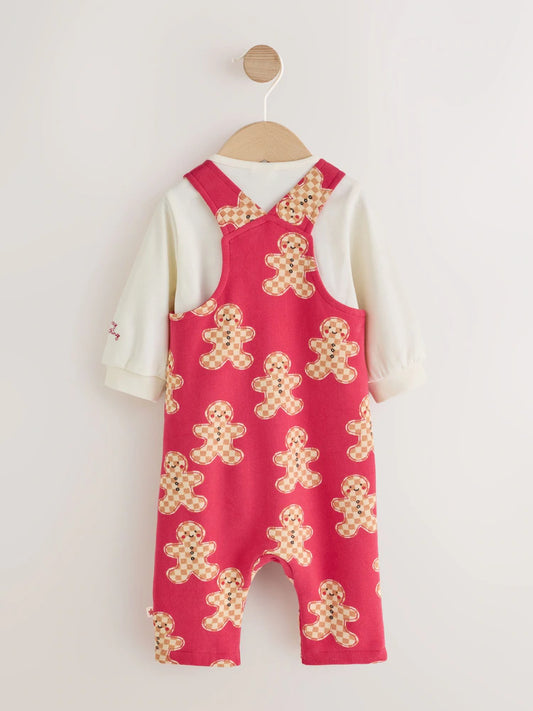 |BabyGirl| Conjunto de Bebê: Jardineira e Body de Natal em Tricô Vermelho com Estampa de Boneco de Gengibre (0 meses a 3 anos)