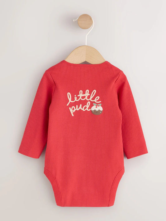 |BabyGirl| Body de Bebê Manga Longa "Little Pud" Vermelho com Tema de Natal