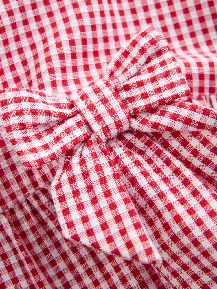 |BigGirl| Vestido Escolar Utilitário Xadrez Vermelho Com Laço, Rico Em Algodão (3-14 anos)