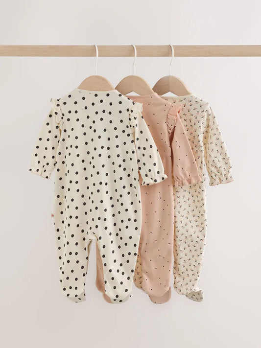 |BabyGirl| Kit com 3 Macacões de Bebê Creme e Rosa de Poá (0 meses a 2 anos)