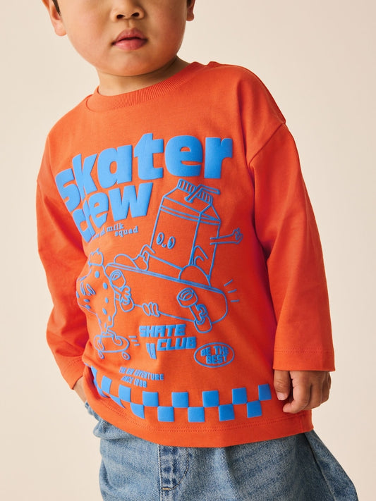 |Boy| Camiseta Laranja Manga Longa Estilo Skatista com Estampa nas Costas (3 meses a 7 anos)