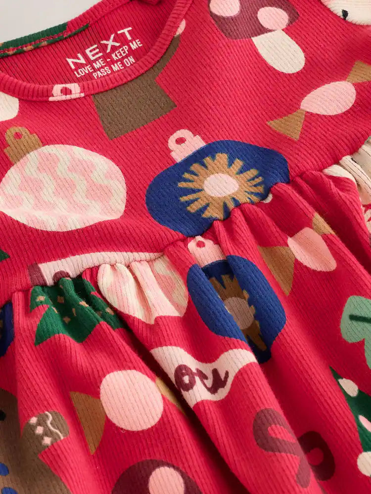 |Girl| Vestido Canelado Vermelho de Natal de Manga Longa (3 meses a 7 anos)