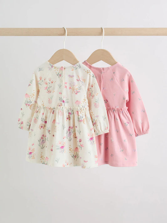 |BabyGirl| Kit com 2 Vestidos de Malha para Bebé com Estampado Floral Rosa (0 meses a 2 anos)
