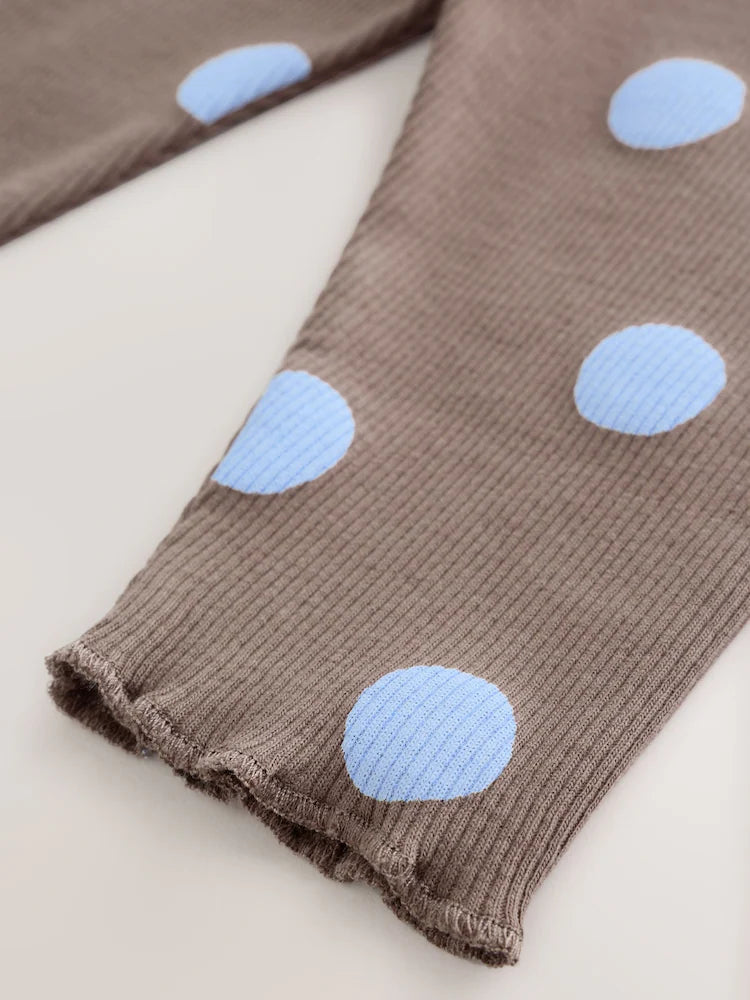 |BabyGirl| Conjunto De 2 Peças Para Bebê: Blusa Canelada e Legging (marrom-chocolate com estampa de bolinhas) – 0 meses a 2 anos