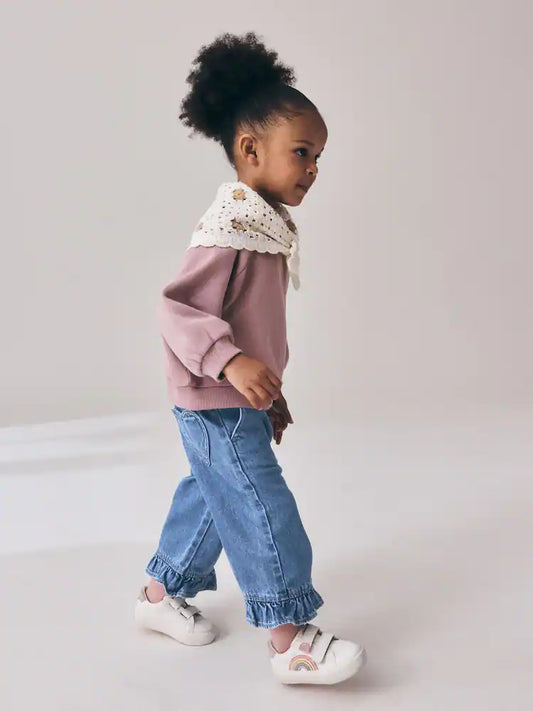 |Girl| Calça Jeans Wide Leg com Barra Babada (3 meses a 7 anos)