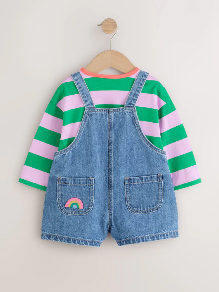 |Girl| Conjunto De Jardineira, Camiseta Listrada e Meia-calça (3 meses a 7 anos)