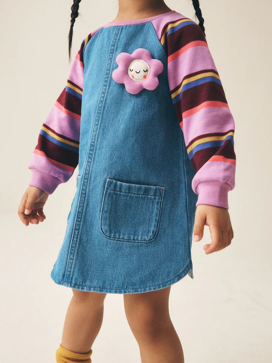 |Girl| Vestido Jeans Raglan com Listras Roxas (3 meses a 8 anos)