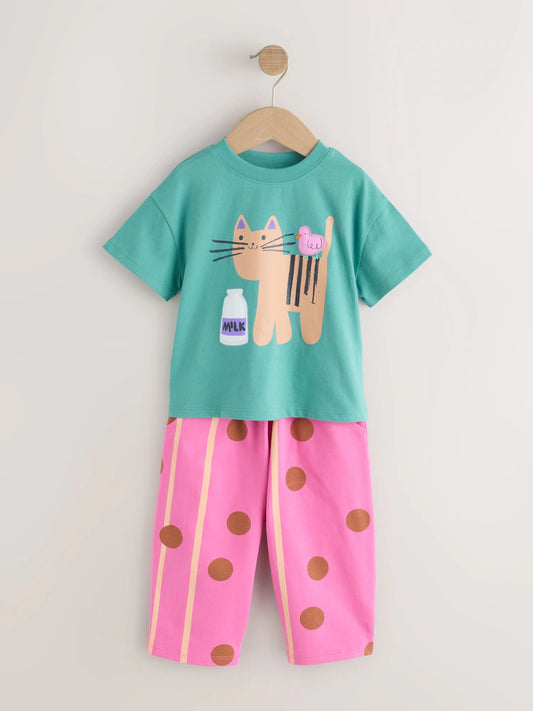 |Girl| Conjunto de Camiseta de Manga Curta "Green Cat" e Calça Modelagem Barrel (3 meses a 7 anos)