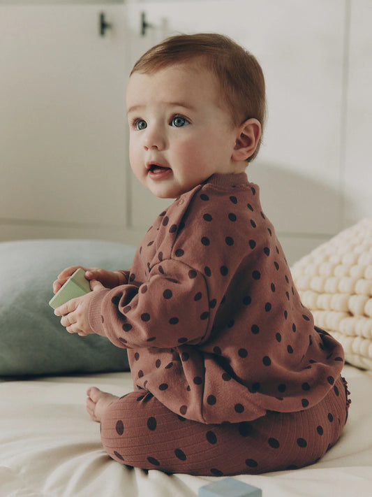 |BabyGirl| Conjunto De Moletom e Legging Para Bebê Com Estampa De Bolinhas Marrom Chocolate (2 peças, de 0 meses a 2 anos)