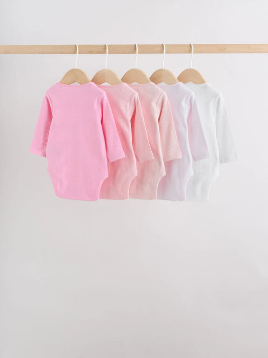 |BabyGirl| Kit Com 5 Bodies De Manga Longa Para Bebê (rosa/branco)