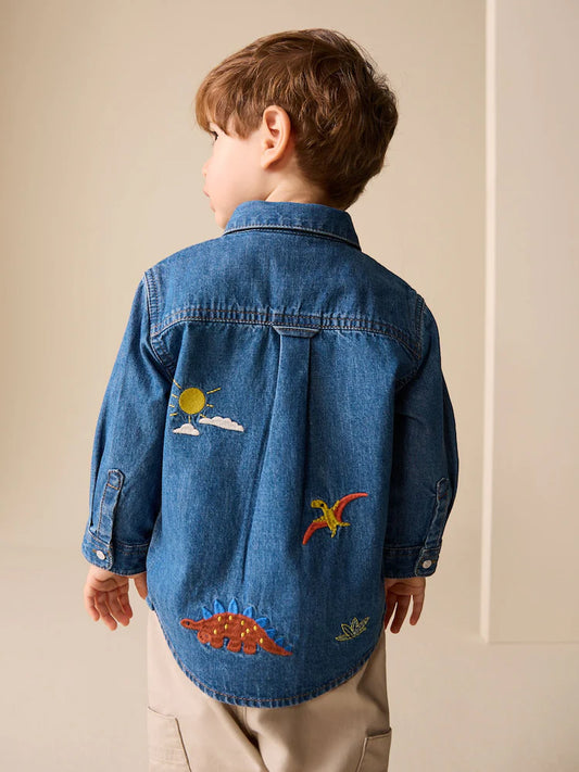 |Boy| Camisa Jeans De Manga Comprida Com Bordado De Dinossauro Azul (3 meses a 7 anos)