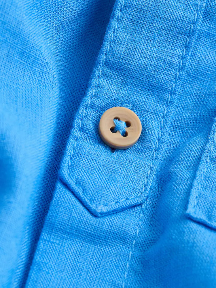 |Boy| Camisa Azul Cobalto Com Gola Padre Em Mistura De Linho (3 meses a 7 anos)