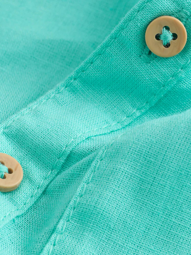|Boy| Camisa Azul-Turquesa Com Gola Padre Em Mistura De Linho (3 meses a 7 anos)