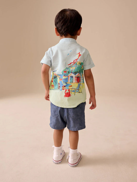 |Boy| Camisa De Manga Curta Com Estampa De Cena Litorânea Azul e Gola Padre (3 meses a 7 anos)